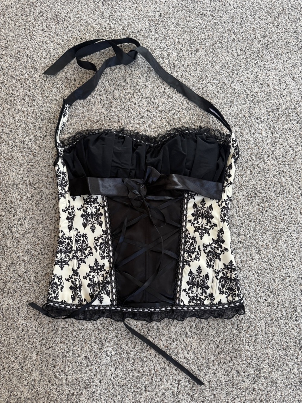 Black & Ivory Printed Bustier Corset Top with Lace Trim